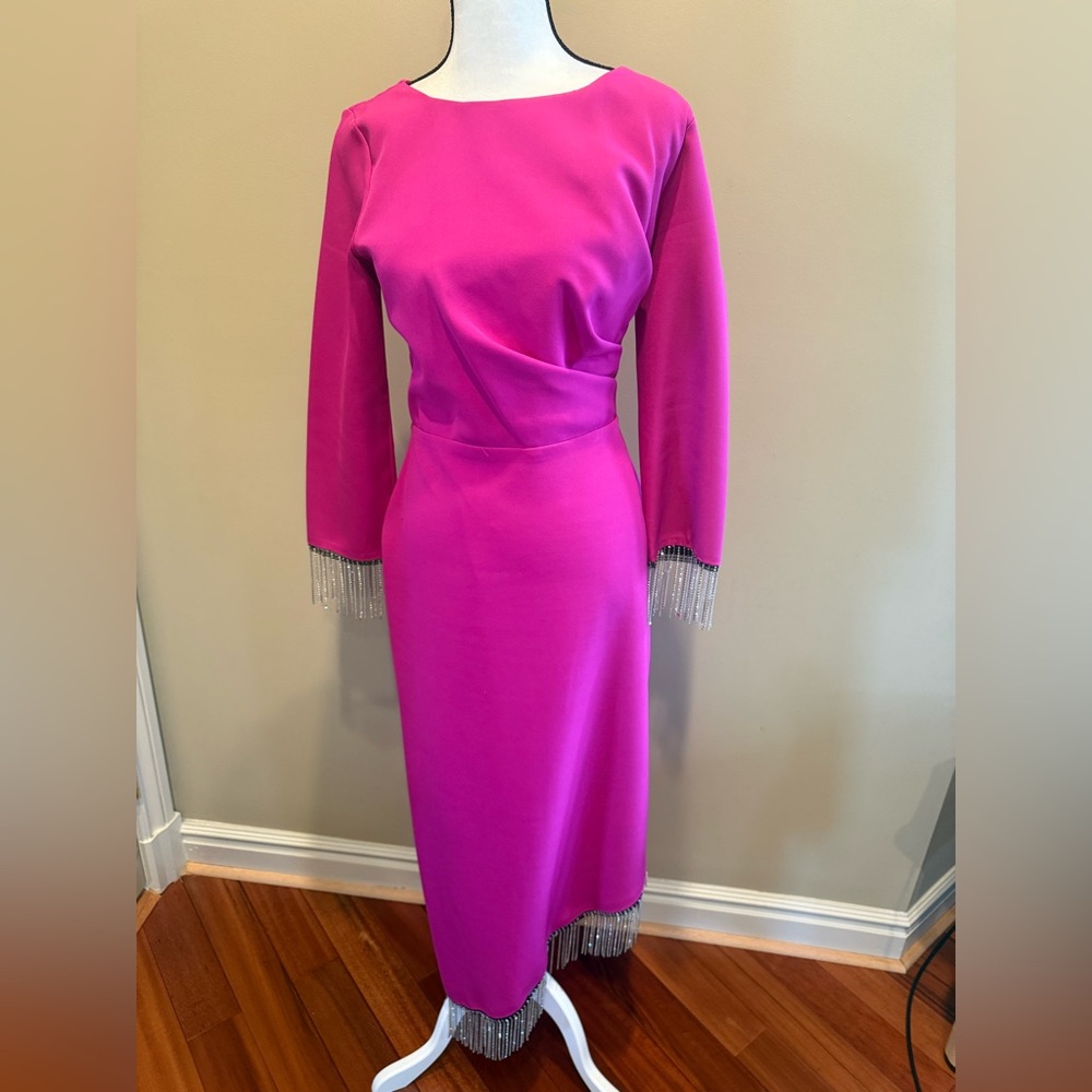Elegant Fuchsia Long-Sleeve Midi Dress with Crystal Fringe